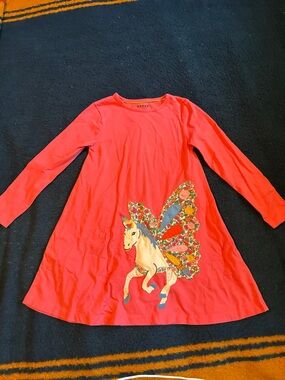 Mini Boden pink long-sleeved girls' dress featuring a Pegasus applique